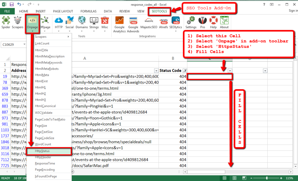 Validating 404s with SEO Tools for Excel